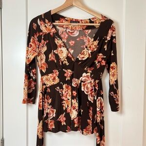 Venus 90s–Y2K Floral V-Neck Top Blouse Brown/Peach Floral 🍑🤎